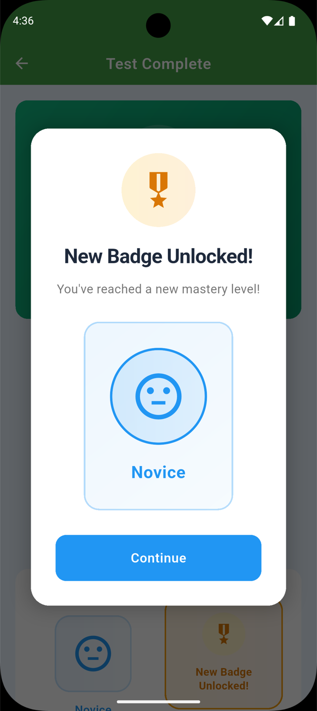 New badge unlocked popup for reaching the Novice mastery level
