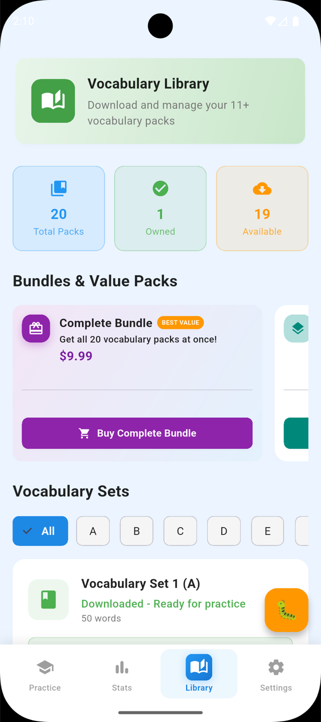 Vocabulary library showing 20 packs, bundles and letter filters
