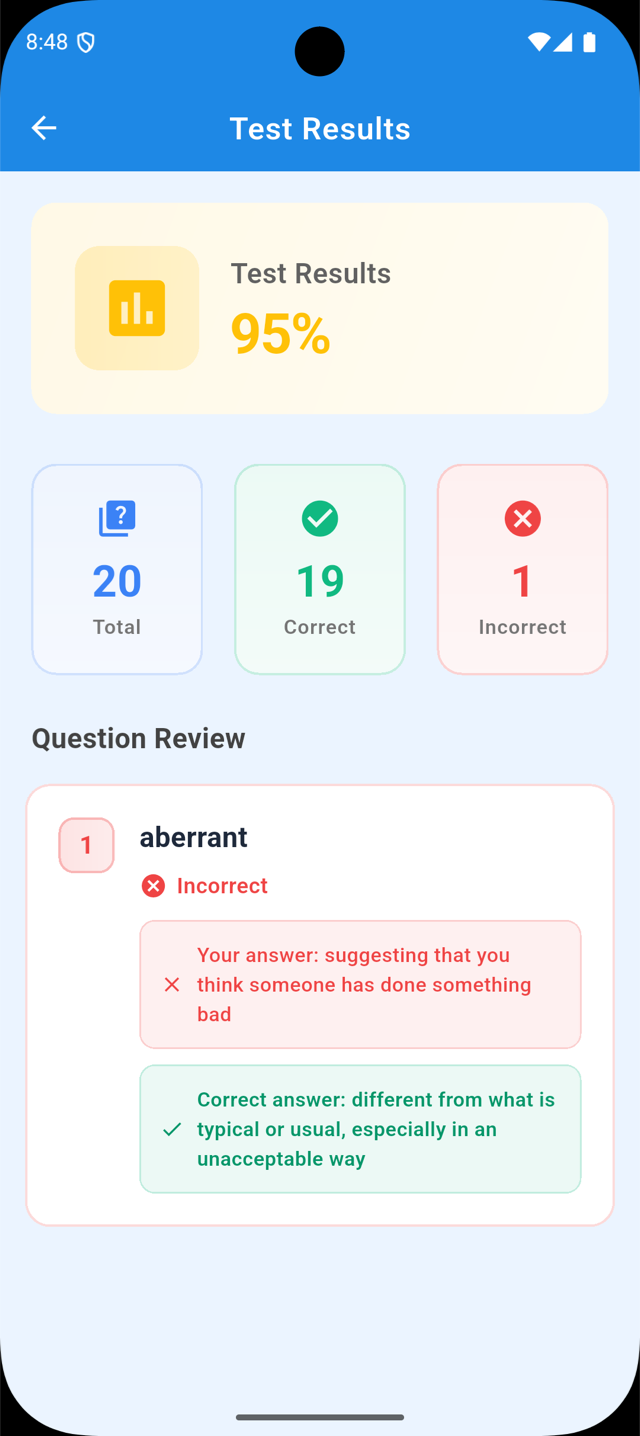 Test results screen showing a 95% score and a review of an incorrect answer