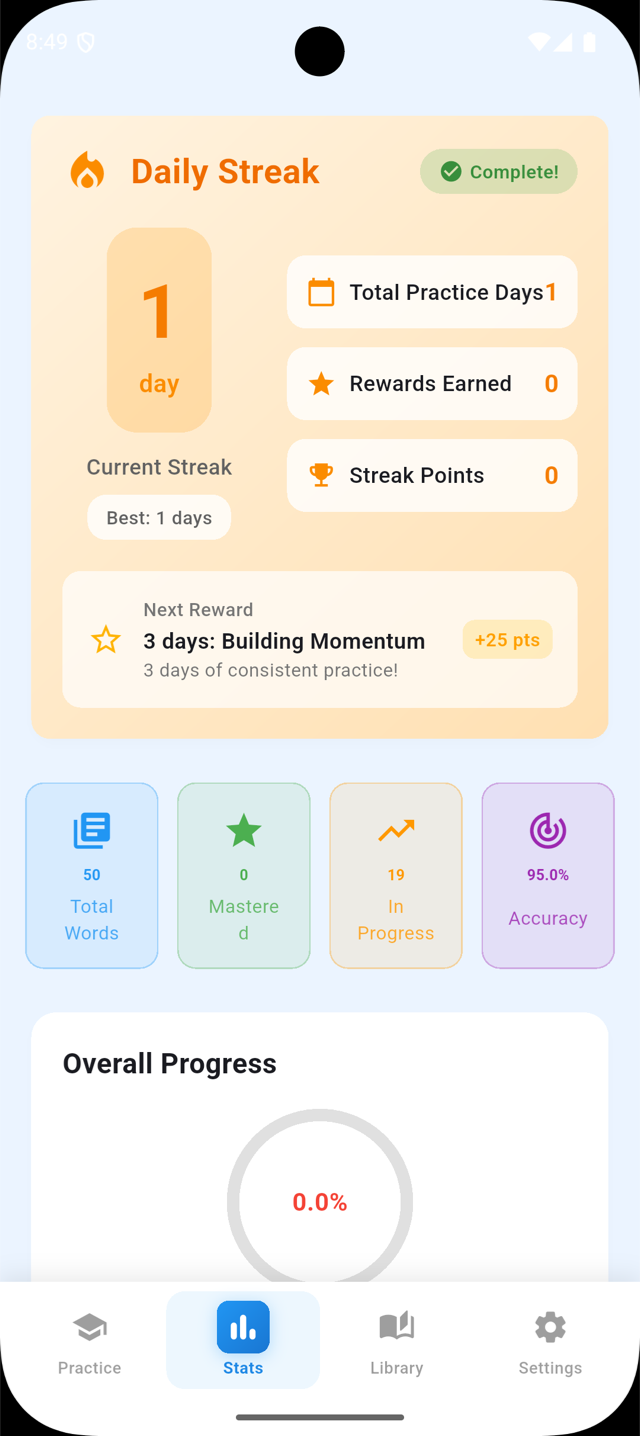 Stats screen showing the daily streak, total practice days and word accuracy