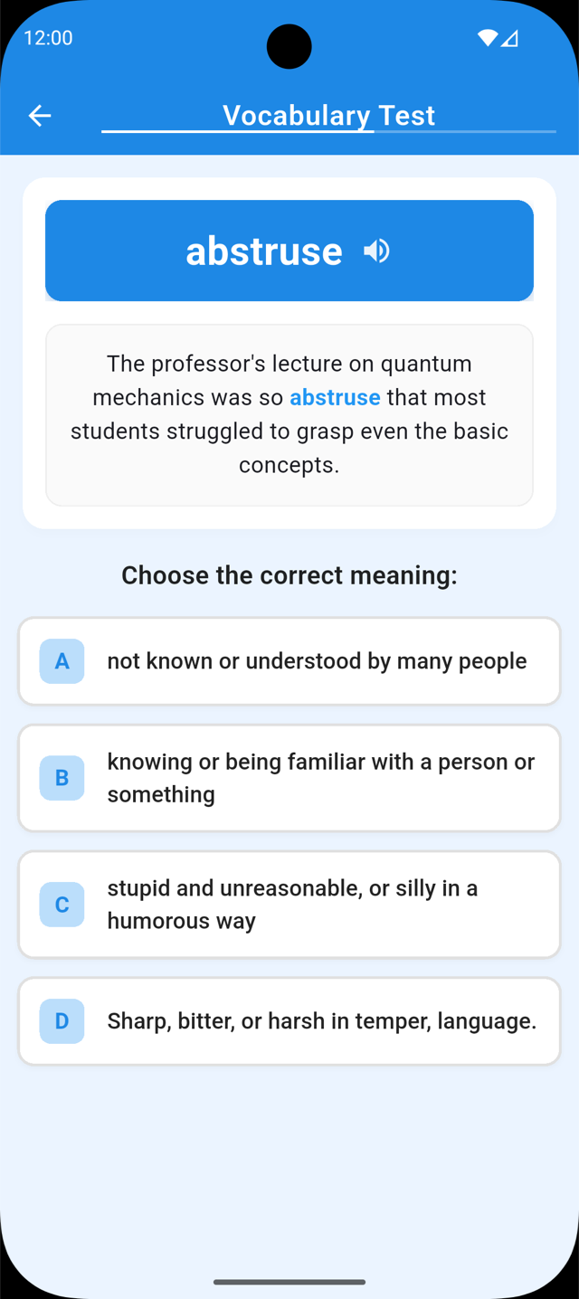 Vocabulary test screen showing the word abstruse in an example sentence with four possible meanings