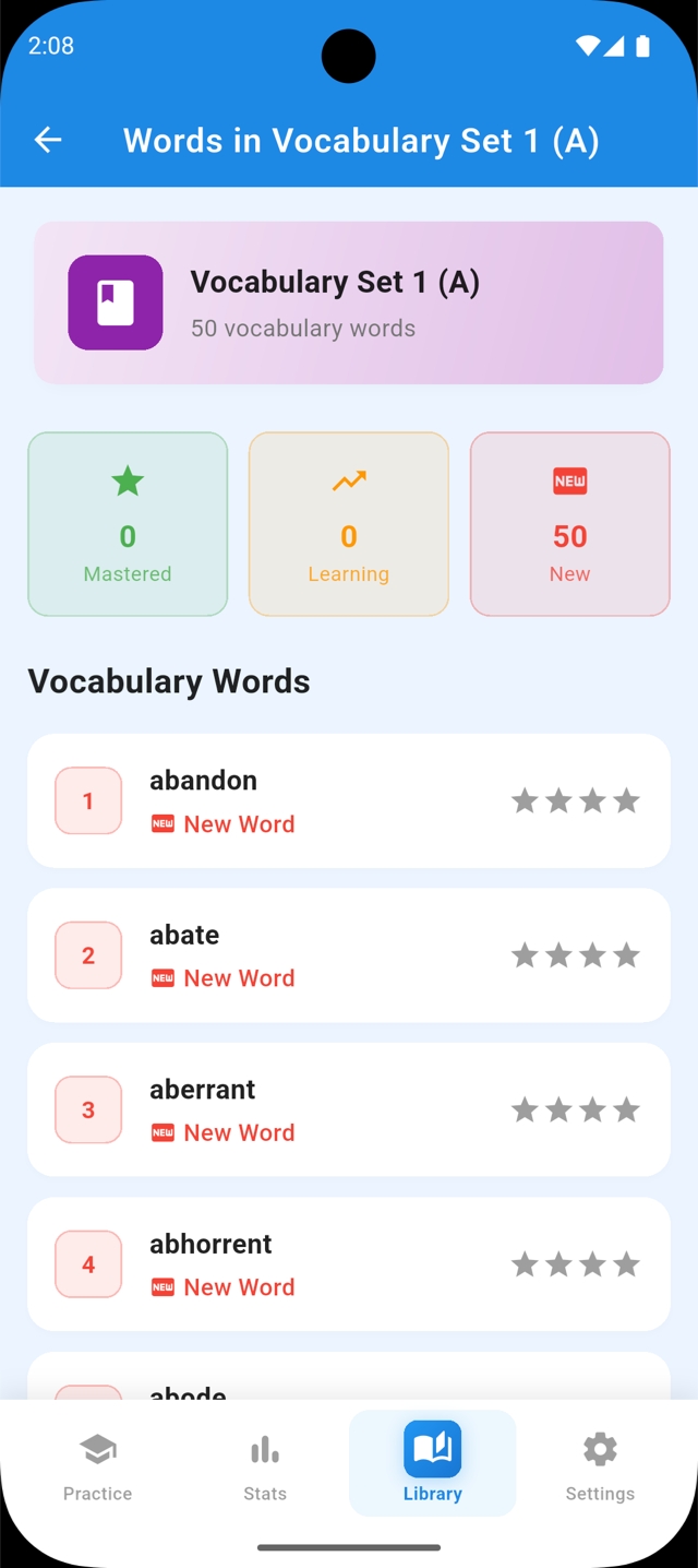 Word list for Vocabulary Set 1 showing mastered, learning and new word counts